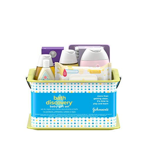 Johnson's Bath Discovery Gift Set for Parents-to-Be, Caddy with Baby Bath Time & Skin Care Essentials, Bath Kit Includes Baby Body Wash, Shampoo, Wipes, Lotion & Diaper Rash Cream, 7 Items