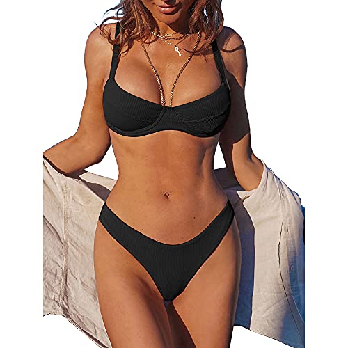 ZAFUL Women's Ribbed Underwire Bikini High Cut Bikini V Notch Smocked Swimwear Butterfly Print High Leg Bikini Swimsuit