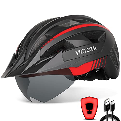 VICTGOAL Bike Helmet with USB Rechargeable Rear Light Detachable Magnetic Goggles Removable Sun Visor Mountain & Road Bicycle Helmets for Men Women Adult Cycling Helmets