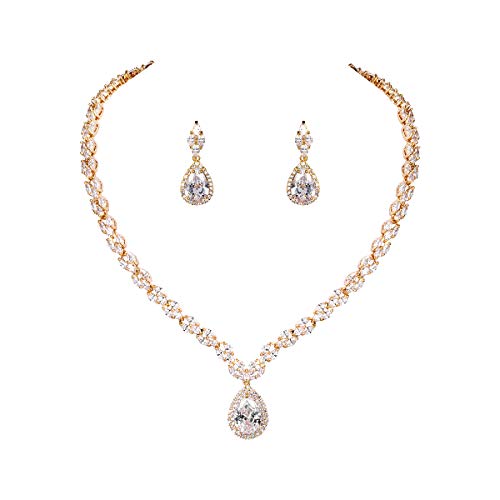 WeimanJewelry White Gold/Gold Plated Women Cubic Zirconia CZ Marquise Teardrop Bridal Tennis Necklace and Drop Earring Set for Wedding Brides