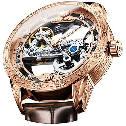 OLEVS Men's Skeleton Mechanical Dress Watch Automatic Self Winding Waterproof Luminous Luxury Leather Wrist Watches