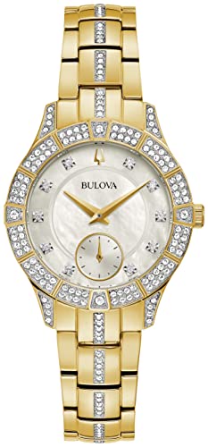 Bulova Ladies' Crystal Phantom 3-Hand Quartz Gold Stainless Steel Watch, White Mother-of-Pearl Dial Style: 98L283