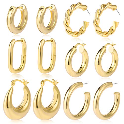 6 Pairs Gold Chunky Hoop Earrings Set for Women Hypoallergenic Thick Open Twisted Huggie Hoop Jewelry for Birthday/Christmas Gifts