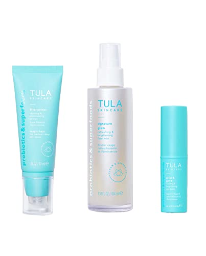 TULA Skin Care Glow Right Now Skincare Essentials Kit | Face Mist, Eye Balm and Moisturizing Primer for Instantly Brighter and More Radiant-Looking Skin