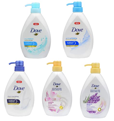 Dove Body Wash Variety of 5 Scents with Pump, Plant Based, Nourishing, Exfoliating, Cleansing, - 500 ML (16.9 fl Ounce)