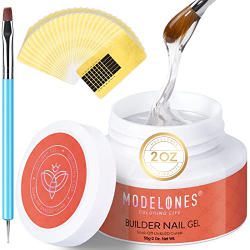 Modelones Builder Nail Gel - 2oz Clear Hard Gel for Nails, Nail Extension Gel Nail Kit Acrylic Gel Nail Strengthen Gel Nail Art Manicure Set with 100PCS Nail Forms and Dual-use Acrylic Nail Brush Professional DIY at Home