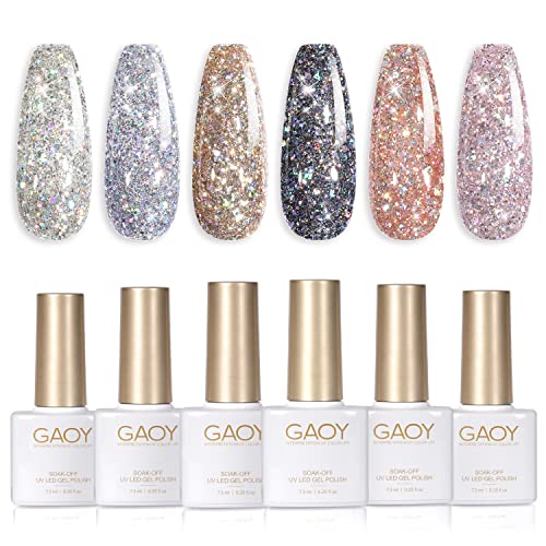 GAOY Chrome Platinum Glitter Gel Nail Polish Set of 6 Colors Including Sparkly Shiny Black Silver Pink Gel Polish Kit UV LED Soak Off Nail Polish Home DIY Manicure Nail Salon Varnish