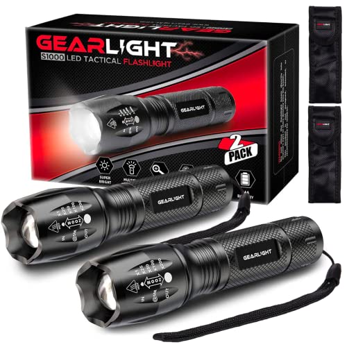 GearLight LED Flashlight 2pack Bright, Zoomable Tactical Flashlights with High Lumens and 5 Modes for Emergency and Outdoor Use, Camping Accessories -S1000