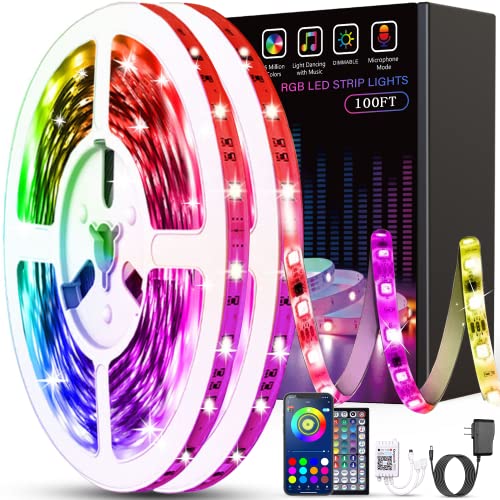 Tenmiro Led Lights for Bedroom 100ft (2 Rolls of 50ft) Music Sync Color Changing LED Strip Lights with Remote and App Control 5050 RGB LED Strip, LED Lights for Room Home Party Decoration