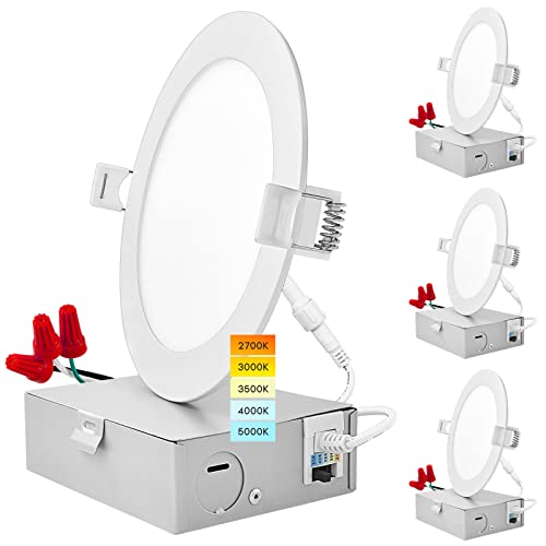 LUXRITE 5 Inch Ultra Thin LED Recessed Light with Junction Box, 12W, 5 Color Selectable 2700K-5000K, 1000 Lumens, Dimmable LED Wafer Lights, Wet Rated, IC Rated, Energy Star, ETL Listed (4 Pack)