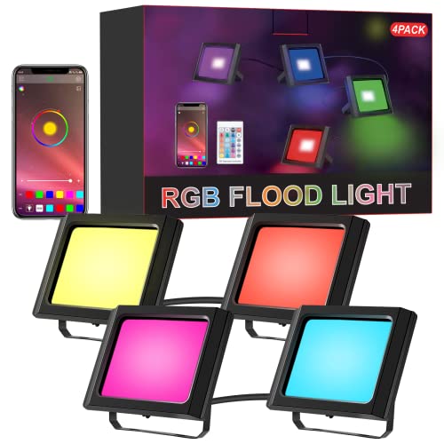 Outdoor RGB Flood LED Lights - IP66 Waterproof Colored Changing Spotlight Bluetooth Halloween Strobe Lights with Plug ＆ Dimmable Color Smart Outside Floodlights for Christmas Party Garden 丨 4 Pack