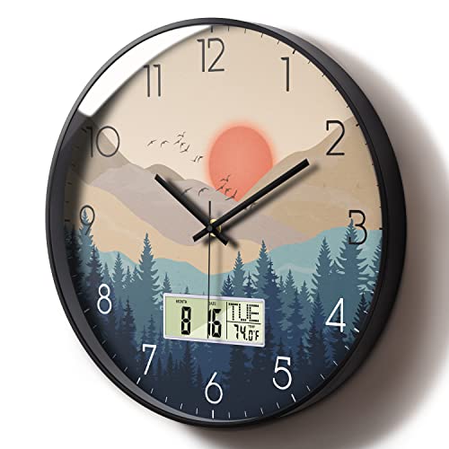 Silent Wall Clock with Date and Week Temperature Wilderness with Sunset Non-Ticking Battery Operated Large Digital Modern Clocks LCD Display for Kitchen Farmhouse Bathroom Office Classroom 12 Inch