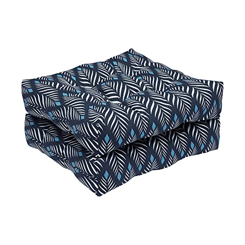 Amazon Basics Tufted Outdoor Patio Square Seat Cushion 19 x 19 x 5 Inches, Navy Blue Leaf - Pack of 2