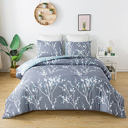 Andency Blue Grey Branches Comforter Set Full Size (79x90 Inch) - Reversible Flower Plum Blossom Bed Set 3 Pieces Bed in a Bag Soft Lightweight Microfiber Comforter Bedding Set