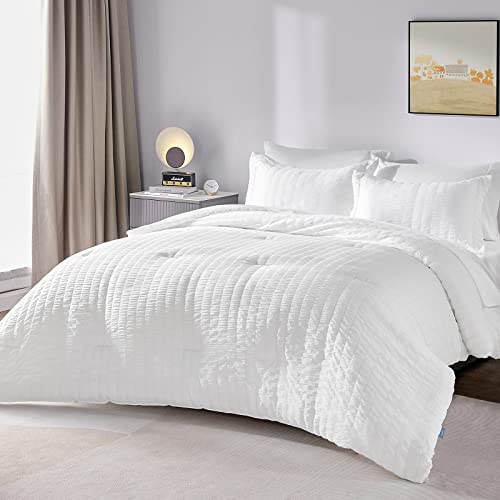 CozyLux Queen Bed in a Bag White Seersucker Comforter Set with Sheets 7-Pieces All Season Bedding Sets with Comforter, Pillow Sham, Flat Sheet, Fitted Sheet and Pillowcase