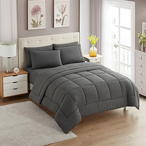 Sweet Home Collection 5 Piece Comforter Set Bag Solid Color All Season Soft Down Alternative Blanket & Luxurious Microfiber Bed Sheets, Gray, Twin