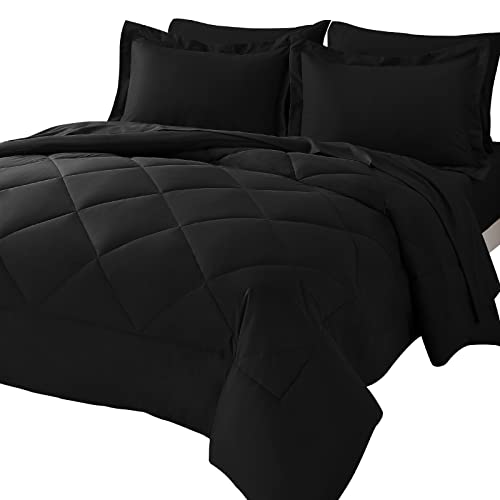 CozyLux Queen Comforter Set with Sheets 7 Pieces Bed in a Bag Black All Season Bedding Sets with Comforter, Pillow Shams, Flat Sheet, Fitted Sheet and Pillowcases