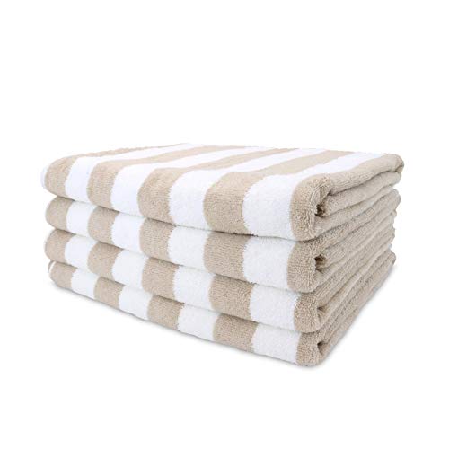 Arkwright Oversized Striped Beach Towels - Absorbent, Quick Drying, Ringspun Cotton Bulk Pool Towel, Perfect for Gym, Bath, and Spa, 30 x 70 in, (Pack of 4), Beige