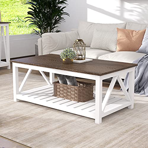 ChooChoo Farmhouse Coffee Table, Rustic Vintage Living Room Table with Shelf, 40 White