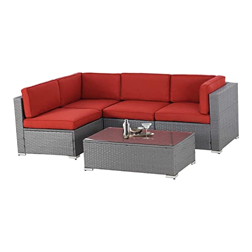 SOLAURA 5-Piece Outdoor Patio Furniture Set, Grey Wicker Furniture Modular Sectional Sofa Set with YKK Zipper &Coffee Table- Red