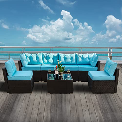 Allewie Patio Furniture Set 7 Pieces Outdoor Furniture with Seat Cushions and Tempered Glass Coffee Table, Wicker Patio Conversation Sets for Backyard, Porch, Balcony, Poolside, Blue & Black