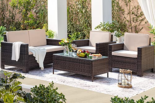 Homall 4 Pieces Patio Furniture Sets Rattan Chair Wicker Conversation Sofa Set, Outdoor Indoor Backyard Porch Garden Poolside Balcony Use (Beige)