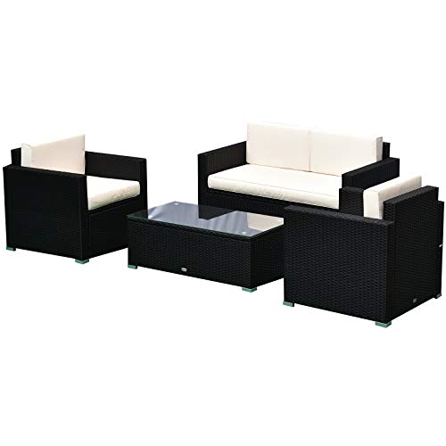 Outsunny 4-Piece Cushioned Patio Furniture Set, with 2 Chairs, Loveseat, and Glass Coffee Table, Rattan Wicker, Black