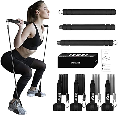 Pilates Bar Kit with Resistance Bands, WeluvFit Exercise Fitness Equipment for Women & Men, Home Gym Workouts Stainless Steel Stick Squat Yoga Pilates Flexbands Kit for Full Body Shaping