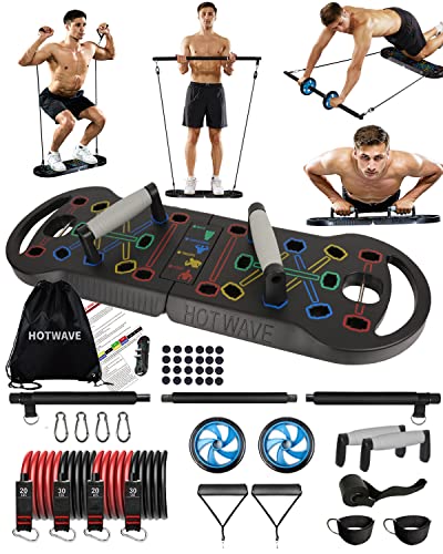 HOTWAVE Portable Exercise Equipment with 16 Gym Accessories.20 in 1 Push Up Board Fitness,Resistance Bands with Ab Roller Wheel,Pilates Bar. Strength Training for Man,Full Body Workout Machine at Home