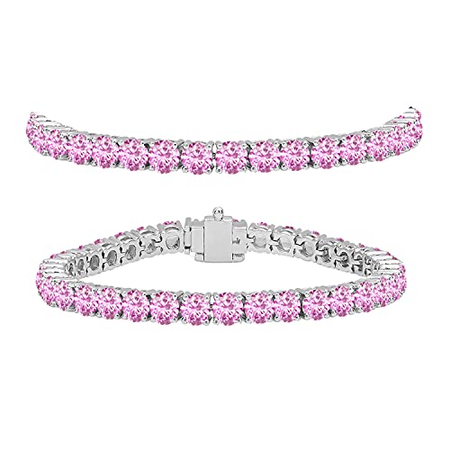 Dazzlingrock Collection 14K Round Cut Real Pink Sapphire Ladies Tennis Bracelet, White Gold