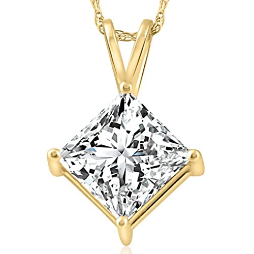 14k Yellow Gold 3.09Ct Princess Cut Diamond Solitaire Certified Pendant Women's 18