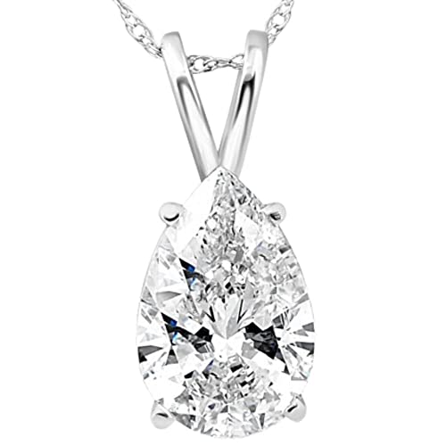 14k White Gold 2 Carat Certified Pear Shape Diamond Solitaire Pendant Women's Necklace 18