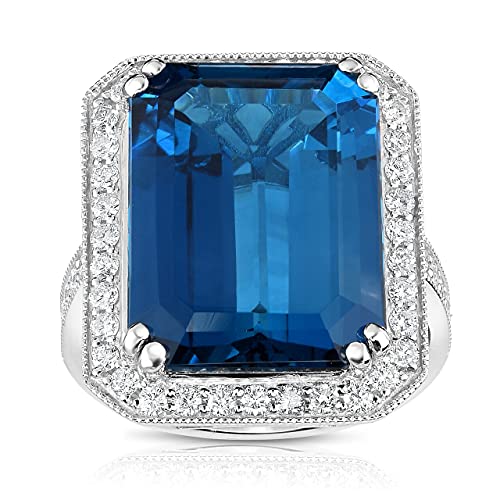 KOKAV 14K White Gold London Blue Topaz Emerald Cut, Diamonds Cocktail Ring, Size 7, Genuine Gemstone