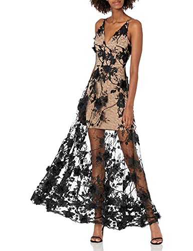 Dress the Population Women's Embellished Plunging Gown Sleeveless Floral Long Dress