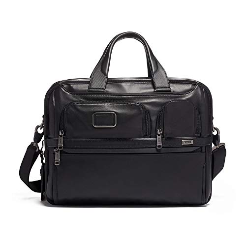 TUMI Alpha 3 Expandable Organizer Leather Laptop Briefcase - 15-Inch Computer Bag for Men and Women - Black