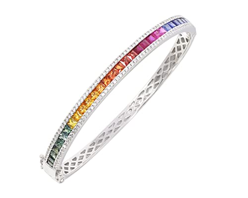 KOKAV 14K White Gold Genuine Multicolor Sapphire Princess Cut 4-5/8 Ct Bangle Bracelet with Diamonds