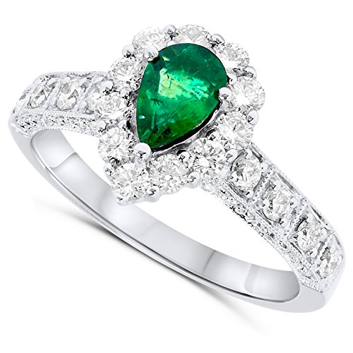 Jewelry Bliss 14k White Gold Pear Shape Green Emerald Genuine Gemstone and Diamond Halo Gemstone Ring For Women Size 7