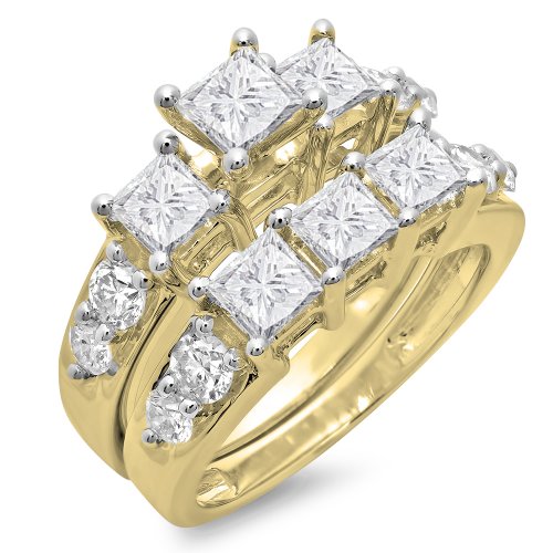 Dazzlingrock Collection 3.10 Carat (ctw) 10K Gold Princess & Round Diamond Bridal 3 Stone Engagement Ring Set 3 1/10 CT