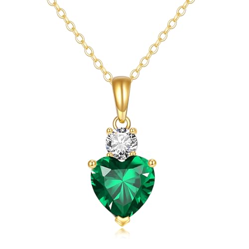 DOVRAN 14K Solid Yellow Gold Natural Green Emerald Pendant Necklaces (1.75 Carat,8mm Heart) Engagement Valentine's Day Gift for Women Girls