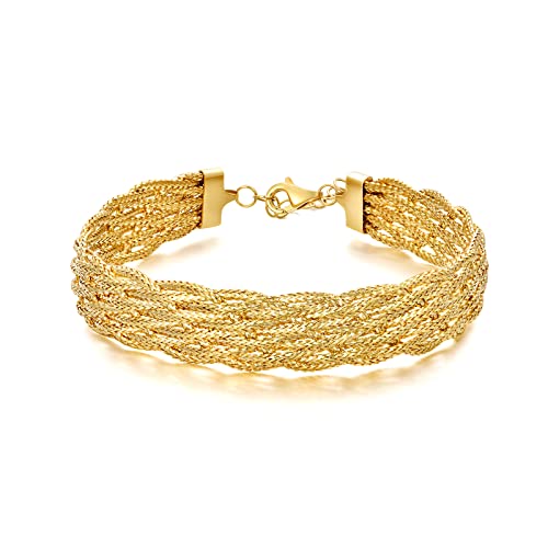 SISGEM 18k Yellow Gold Braided Bracelet for Women, 11mm Width Real Gold Italian Woven Link Bracelet Fine Jewelry Gift for Her, 7.5inch Adjustable Length