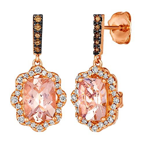 2/5 Carat Diamond and 2 Carat Cushion Cut Morganite Drop Earrings for Women in 14k Rose Gold (White/Fancy Brown, cttw) Halo Earrings with Push Backs by LeVian