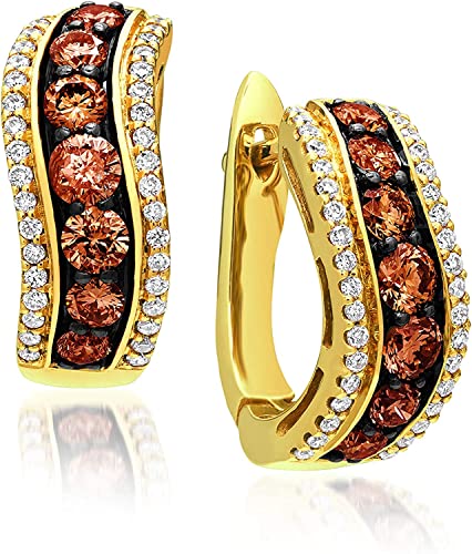 1 1/5 Carat White and Chocolate Diamond Wavy Three Row Hoop Earrings for Women in 14k Yellow Gold (H-I/Fancy Brown, VS2-SI1, cttw) Latch Back Huggie Hoops by LeVian