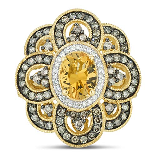 LeVian 14K Yellow Gold, Oval Citrine & 1.0 Cttw White/Chocolate Diamond Flower 7/8