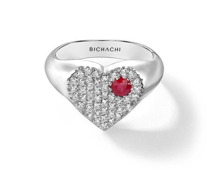 18k White Gold Heart Ring with Ruby Center Surrounded by White Elegant Brilliant Diamonds, F - Color, VS1 Clarity, 0.20ct., Handmade and Unique Gifts for Her, Dainty and Minimalists Jewelry for Women