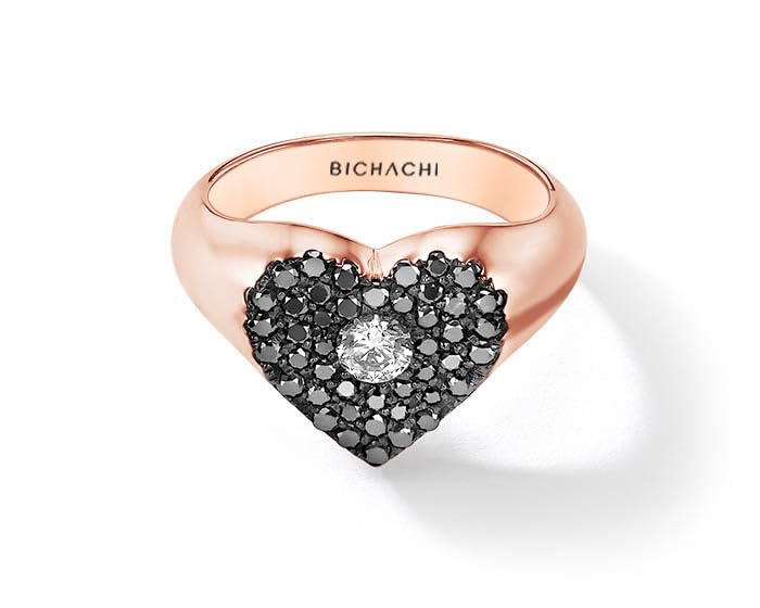 18k Rose Gold Heart Ring with White Center Surrounded in Black Elegant Brilliant Diamonds, F - Color, VS1 Clarity, 0.20ct., Handmade and Unique Gift for Her, Dainty and Minimalists Jewelry for Women