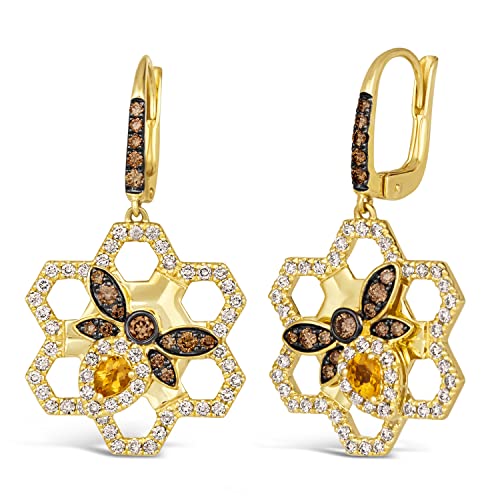 1 1/10 Carat Chocolate Diamond and 1/5 Carat Yellow Citrine Honey Bee Dangle Earrings for Women in 14k Yellow Gold (Brown, cttw) Honeycomb Leverback Drop Earrings by LeVian