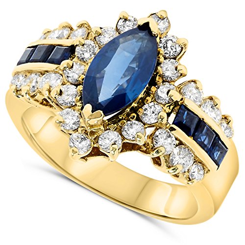 Jewelry Bliss 18k Yellow Gold Blue Sapphire Marquise Genuine Gemstone and Diamond Halo Cocktail Ring For Women Size 6