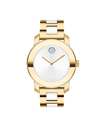 Movado Women's Bold Iconic Pale Gold Ionic Plated Stainless Steel Case, Pale Gold Ionic Plated Stainless Steel and White Ceramic Link Bracelet, Two Tone, (Model: 3600892)