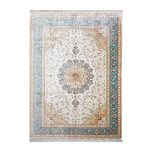 Yilong Carpet 8ftX11.7ft Silk Handmade Carpets Vintage Large Medallion Rugs for Living Room Bedroom Dinning Room (Ivory)