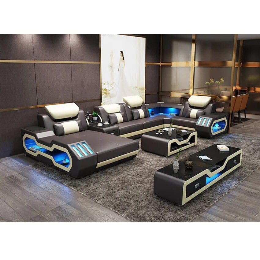 Luxury Italian Leather U-Shaped Sofa with Bluetooth Speaker, USB, LED Light + Matching Coffee Table and TV Stand Black/Warm White